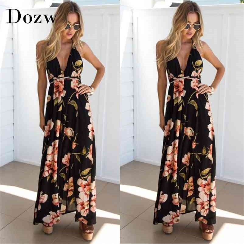 Summer dress Floral Vestidos Mujeres Sexy Maxi Dress Long Pleated Dresses Backless robe femme longue evenning-dress 210515