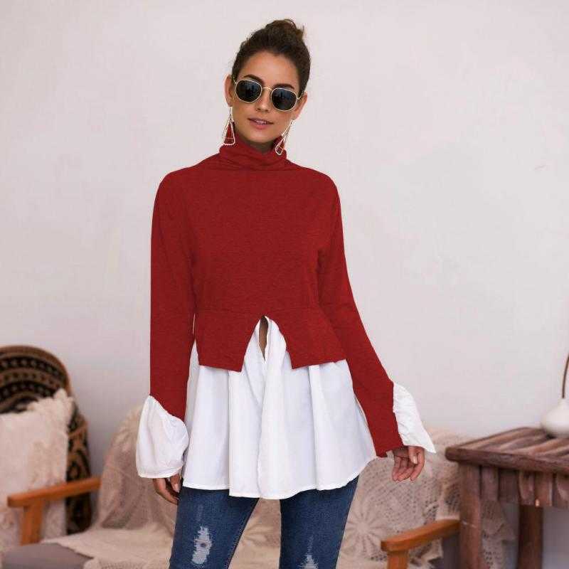 Women T Shirt urtleneck Long Sleeve Female ee Ruffle Stitching shirts Fashion Ladies -shirt Loose s ops 210524