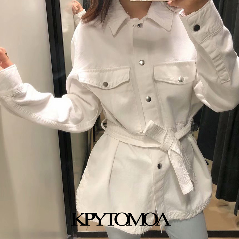 Women Fashion With Belt Loose Frayed Trim Denim Jacket Coat Long Sleeve Pockets Female Outerwear Chic Tops 210420