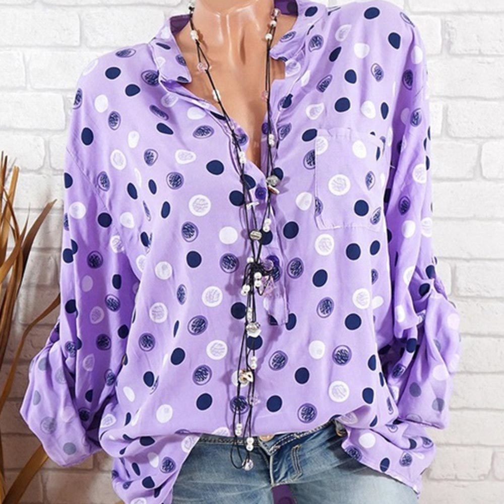 Fahsion Women's Blouses Summer Tops White Loose Dot Print V Neck Full Sleeve Shirts Casual Tunic Plus Size 5XL 210428