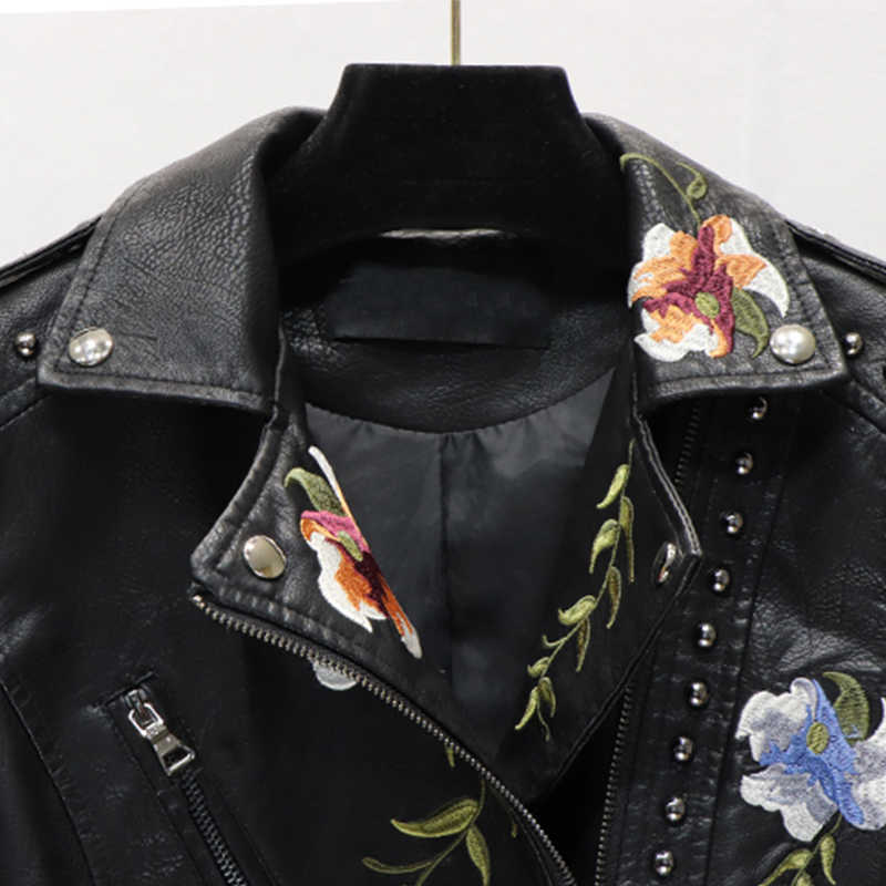 LY VAREY LIN Spring Women Floral Print Embroidery Faux Leather Jacket Turn-down Collar Pu Motorcycle Black Punk Outerwear 210526