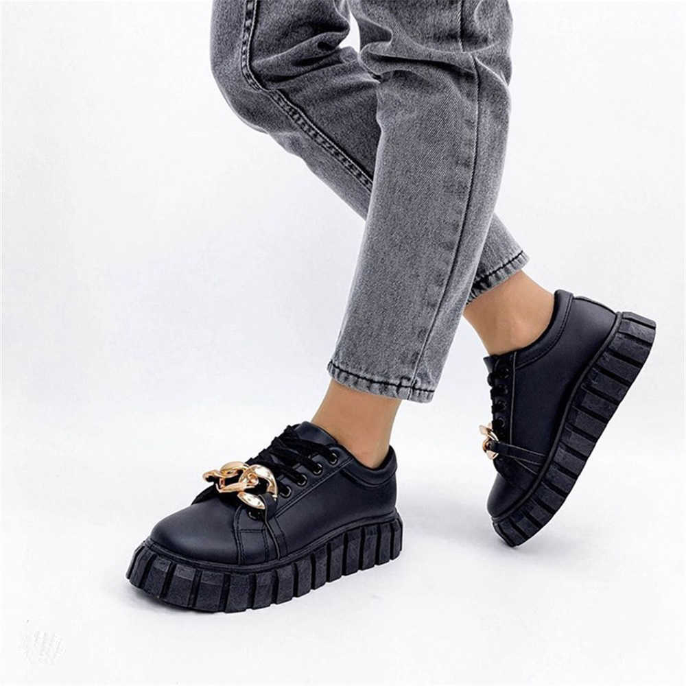 Women's Trendy Sneakers 2021 Autumn New Round Toe Ladies Lace Up Casual Shoes with Chain Female Running Walking Sport Flats Y0907
