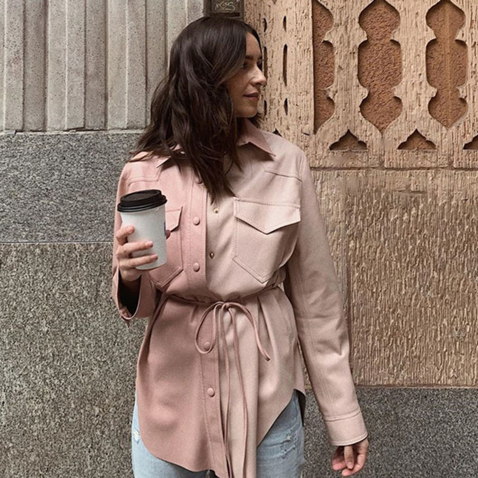 Free Streetwear Colorblock PU Leather Top Women Cardigan Button Belt Lace-Up Fashion Long Sleeve Shirt 210524