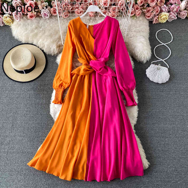 Neploe Maxi Dresses for Women Spring Robe Beach Style Slim Fit Elegant Vestidos Mujer Contrast Color Patchwork Dress 95013 210422