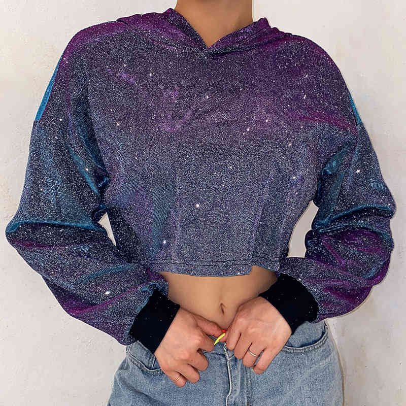 Wonder Lurex Crop Hoodies Sweatshirts Long Sleeve Top Sequined Harajuku Oversized Streetwear Short 210510