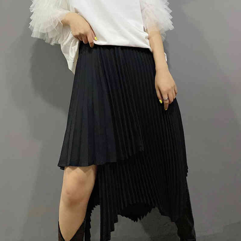 Asymmetrical Pleated Skirt For Women High Waist Irregular Hem Black Skirts Female Fashion Clothing 210521