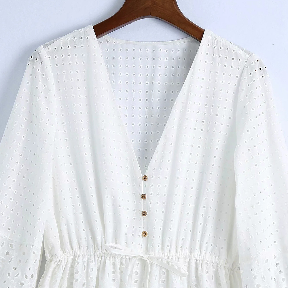 BBWM Women Summer White V-Neck Dress Sleeve Buttons Bow Tie Slim Casual Female Elegant Party A-Line Dresses Clothes Vestidos 210520