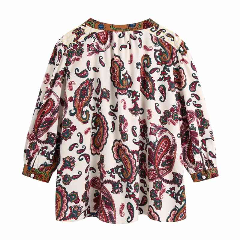 Summer Women Vintage Paisley Printing V Neck Shirt Female Nine Quarter Sleeve Blouse Casual Lady Loose Tops Blusas S8972 210430