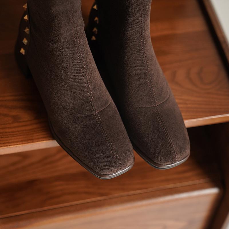 Boots Rivet Knee High Women Flock Stretch Autumn Winter Sock Ladies Fashion Square Toe Comfy Thick Heeled Shoes