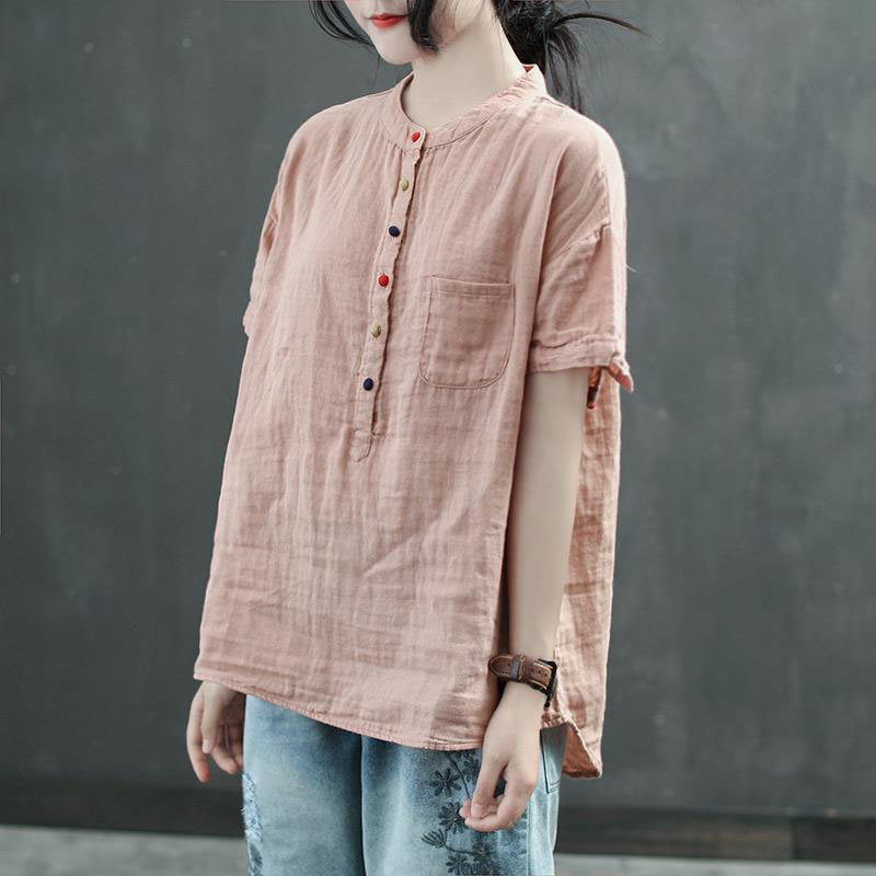 Summer Style Women Shirt Plus Size Short Sleeve Loose Casual Ladies Tops stand collar Button vintage cotton linen Blouse D140 210512