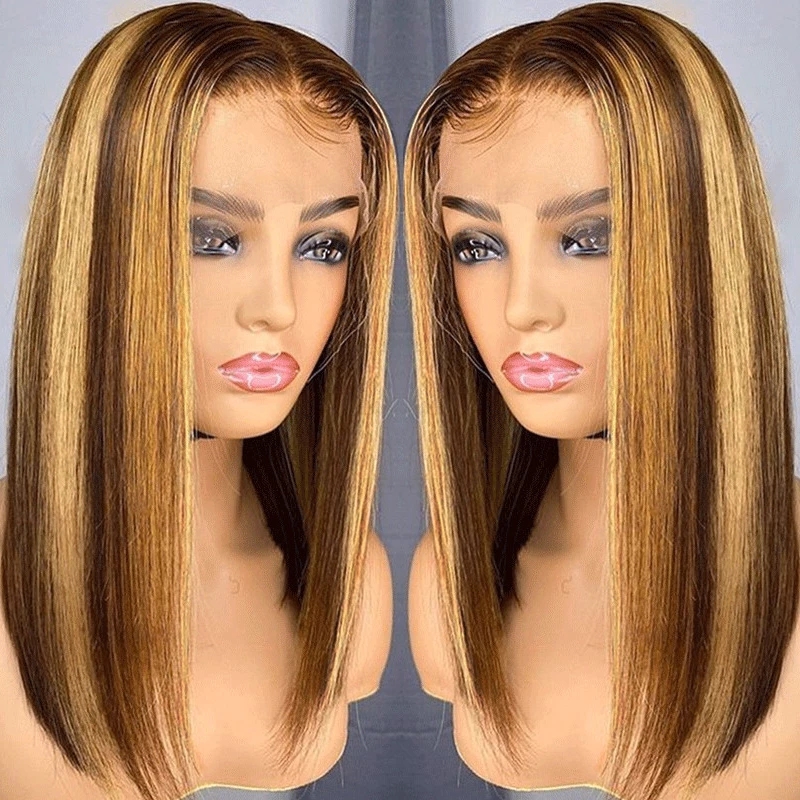 Brown Highlight blonde Human Hair bob HD Transparent Lace Wig For Women Short Bobs Straight Front Wigs 360 frontal Prepluck Hairline 150%density full 