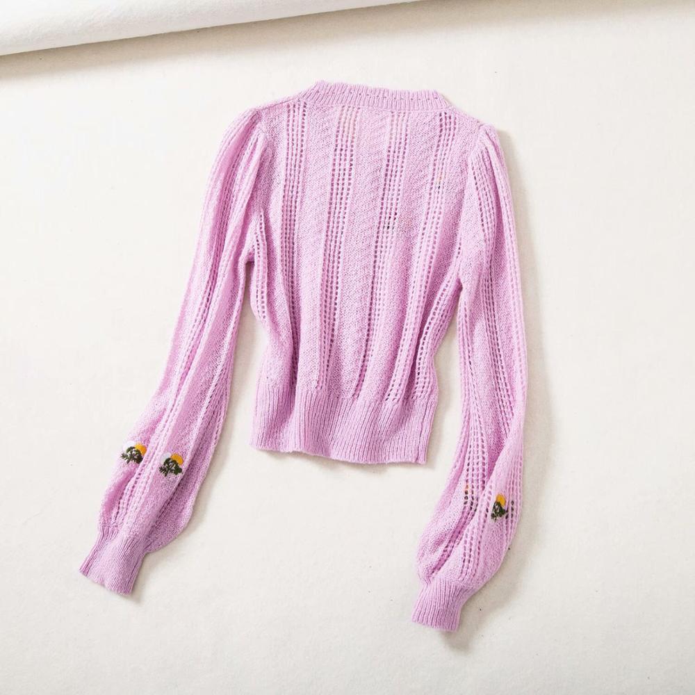 French Style Retro Embroidery Knitting Hole Button Through Crop Pointelle Knit Cardigan Sweater Woman O neck Long Sleeve Jumper 210429