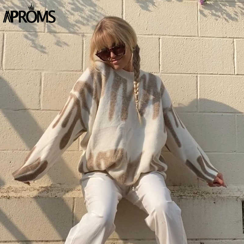 Aproms Korean Fashion Khaki Stripes Print Loose Sweater Winter Hip-Pop Oversized Long Pullovers Streetwear Outerwear 210908
