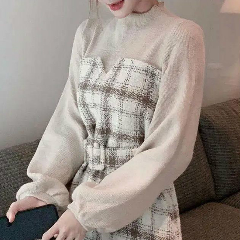 QWEEK Korean One-piece Dress Plaid Fashion Women Spring Autumn Korean Fashion Elegant Dresses for Women Long Sleeve Dress 210409