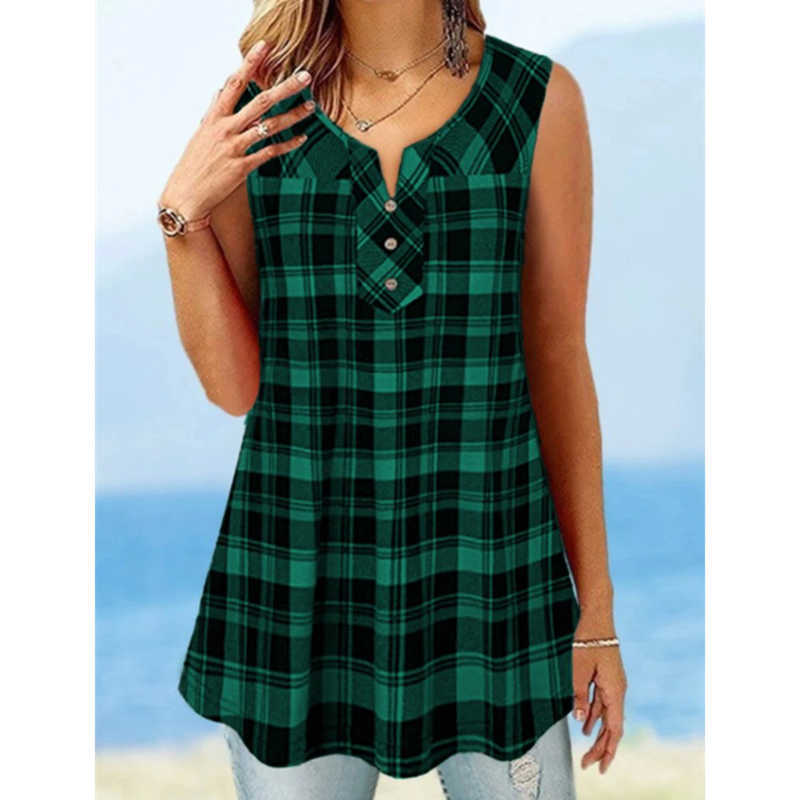 Fashion Plaid Print T-shirts Plus Size Women Casual Summer Sexy V Neck Button Sleeveless Loose Tees Vintage Female Pullover Tops 210526