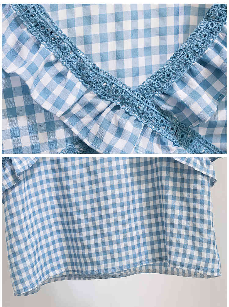 Korean Summer 2 Piece Set Fashion Plaid Ruffles Embroidery T-Shirt V-Neck Shirt Top + High Waist Denim Mini Skirts Suit 210519