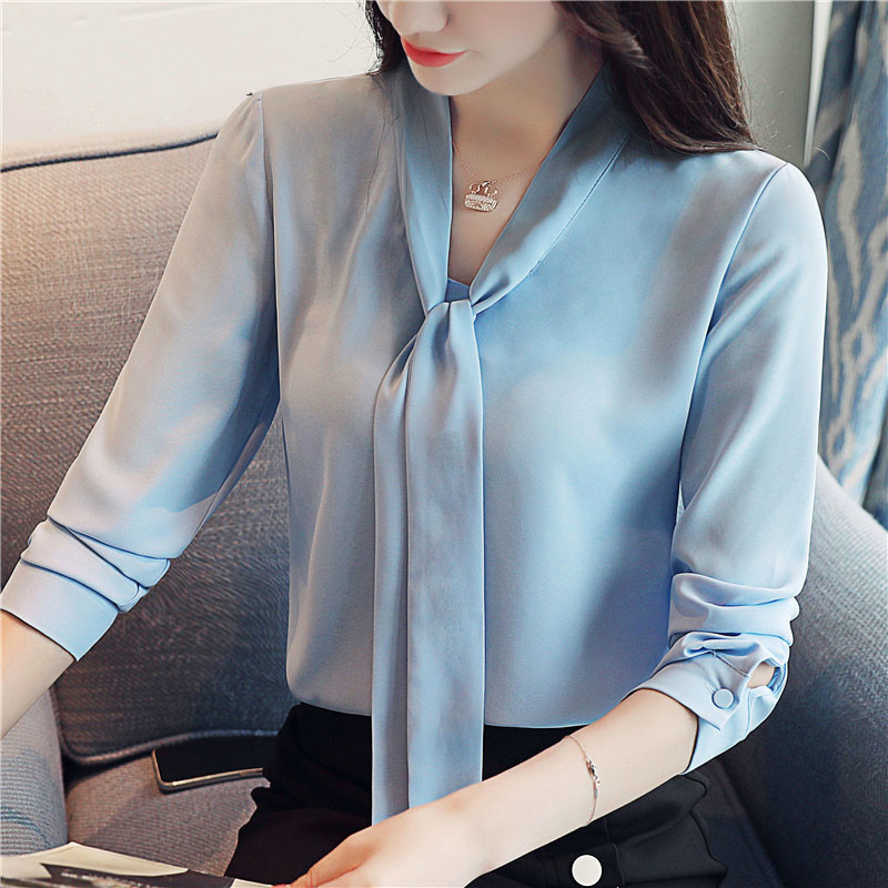 arrived women blouse autumn wear long sleeves bow tie Ribbon chiffon Korean style top slim blusa 1022 40 210506