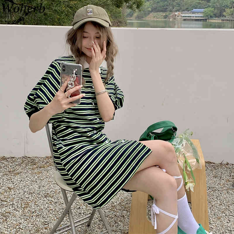 Harajuku Striped Ladies Dress Women Puff Sleeve Mini Green Shirt Dresses Summer Korean Chic Streetwear Vestidos 210519