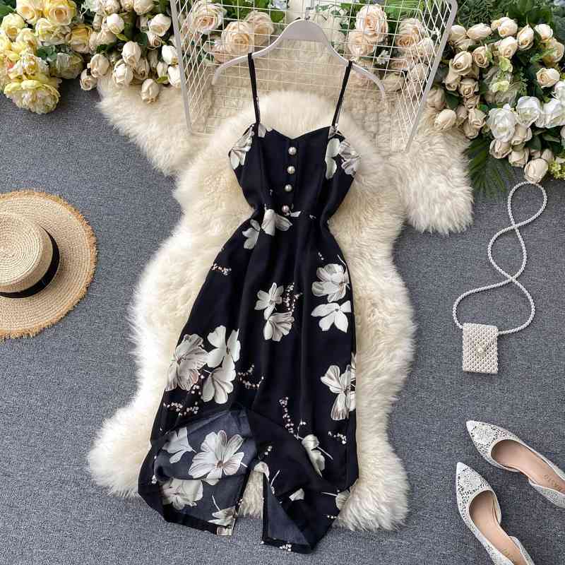 Sexy Spaghetti Strap Women Dress Vintage Floral Print Sleeveless Button Dresses Ladies High Waist Back Bandage Vestidos 210422
