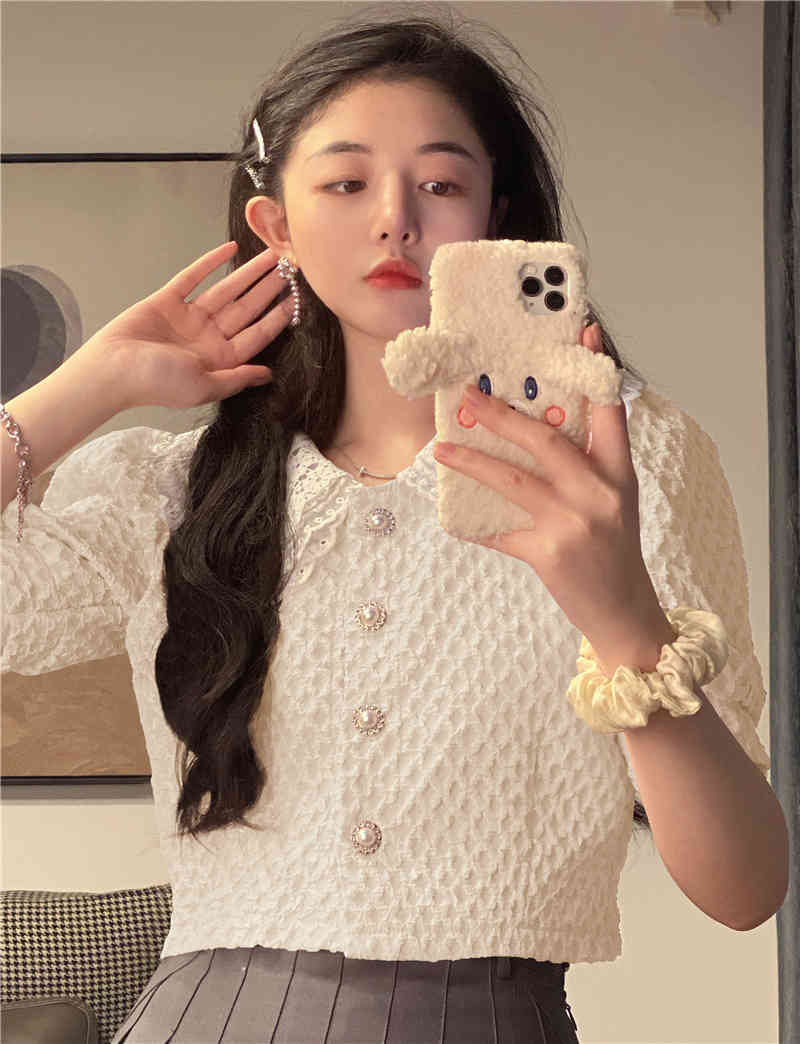 Sweet Pink Puff Short Sleeve Peter Pan Collar Patchwork Lace Shirts Women Summer Single-breasted Blouse Fashion Tops Chic 210429