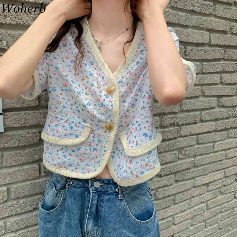 Summer Blouses Women Crop Tops Korean V Neck Loose Floral Short Puff Sleeve Shirts Fashion Temperament Outwear Jacket 210519