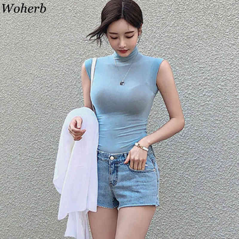 Woman Tshirts Korean Fashion See Through Shirts Sexy Lady Turtleneck Slim Sleeveless Tees Temperament Female Tops 210519