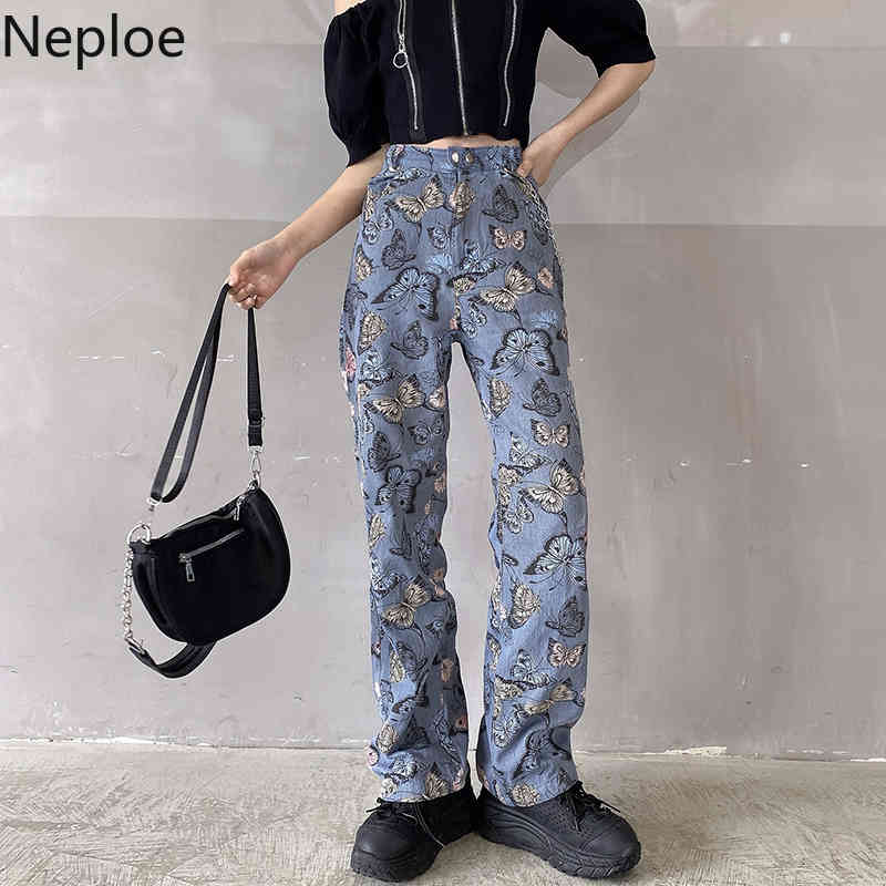 Neploe Jeans for Women Harajuku Butterfly Print Vintage Trousers Loose Straight Wide Leg Pants Streetwear Korean Pantalon 95292 210422