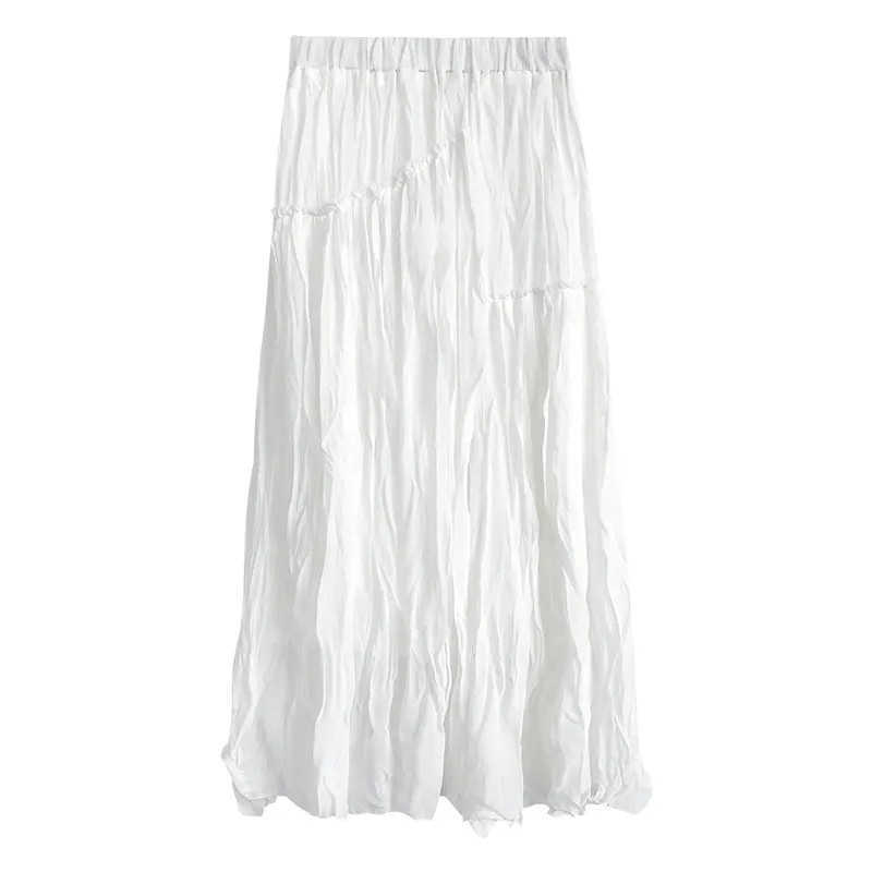 Summer White Boho Chiffon Pleated Skirts Women Spring Black Fungus Beach Long Skirt Vintage High Waist Elastic Patchwork Skirt 210619wtt