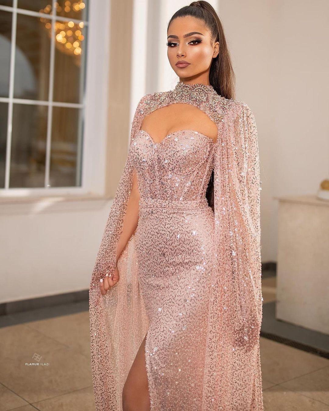 Glitter Glamorous Prom Dresses High Neck With Wrap Evening Dress Custom Made Short Sleeves Ruffles Plus Size Celebrity Party Gown