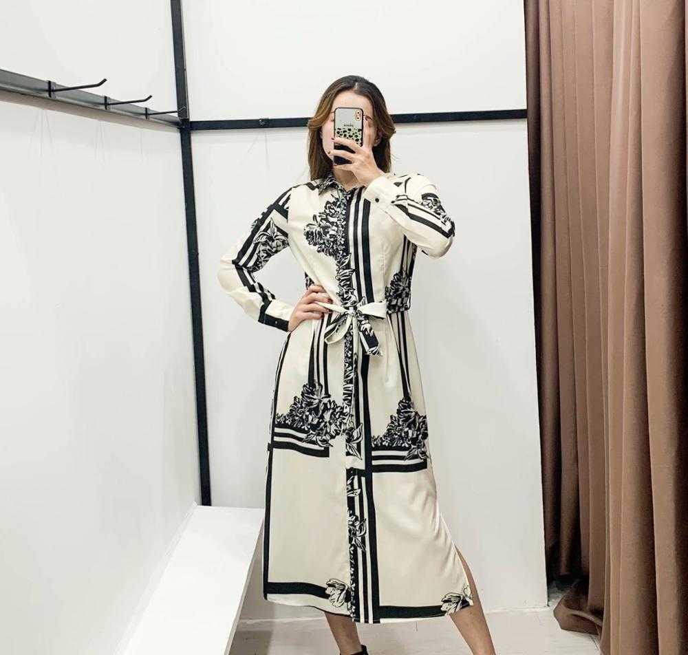 women vintage printing bow tie sashes shirtdress office lady wear long sleeve side split vestidos chic retro dresses DS3148 210603