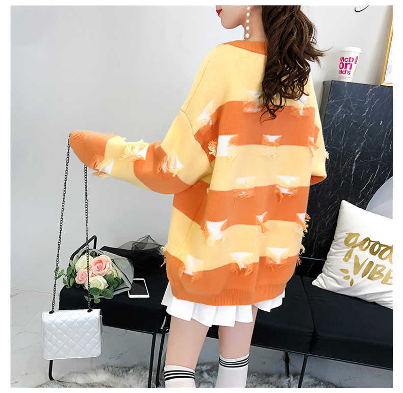 H.SA Women Pullover and Sweaters Oneck Long Sleeve Loose Knitwear Broken Hole Korean Knit Jumpers Pink Pull Sweater Casual Tops 210716
