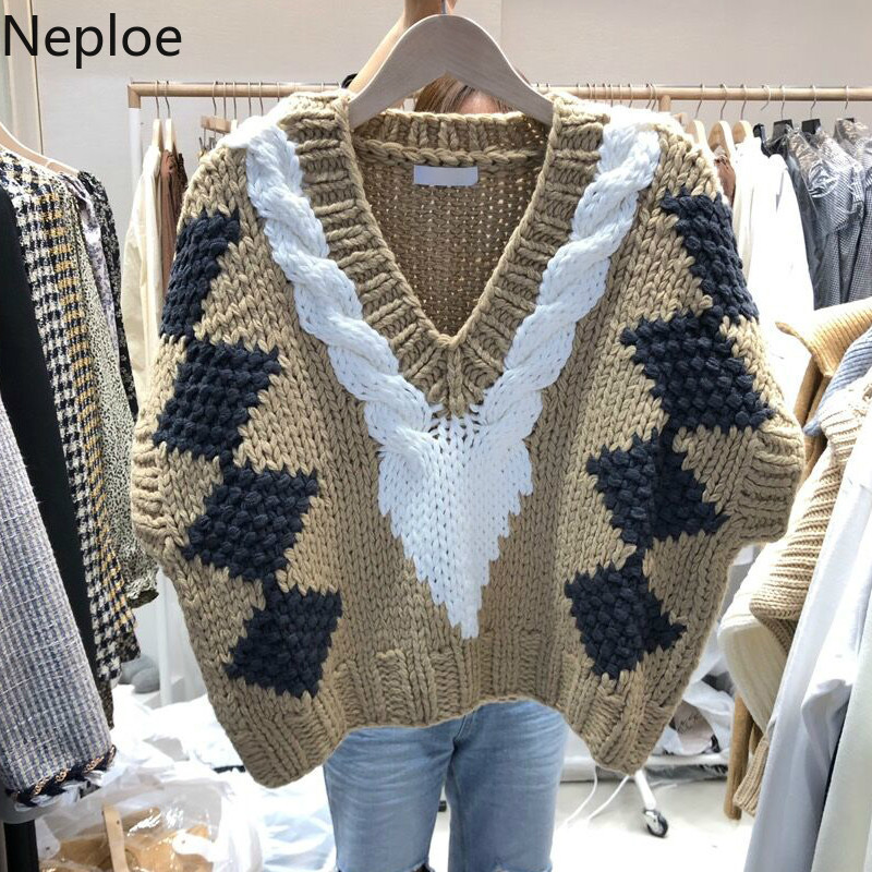 Neploe Knitted Cropped Sweater Vest Korean Fashion Clothes V-neck Knitted Ribbed Pullovers Tank Loose Casual Tops Female 210422