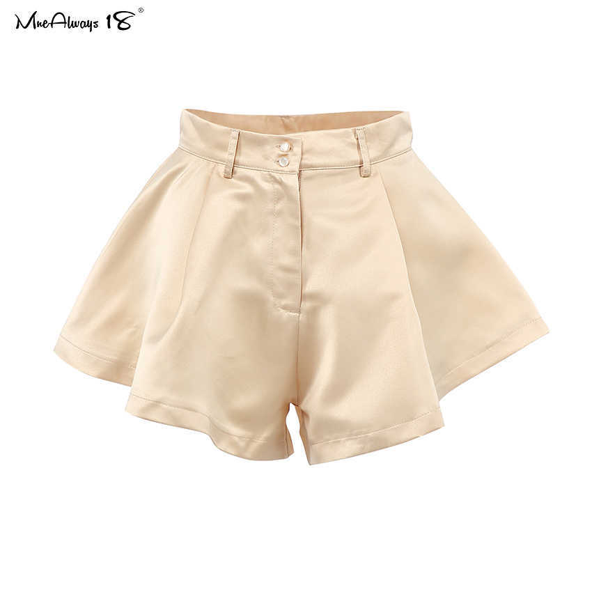 Mnealways18 Summer Satin Beige Shorts Women Wide Leg Short Pants ElegantFlared Shorts Red With High Waist Female Pants 210611