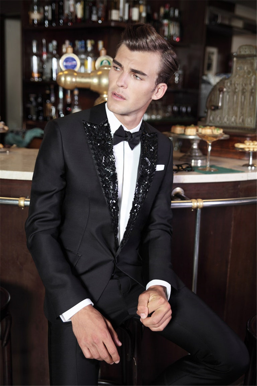 Designer Celebrity Mens Customized Wedding Tuxedos Sequins Lapel Red Carpet Men Wear Dinner Prom Party Blazer (Jacket+Pants)