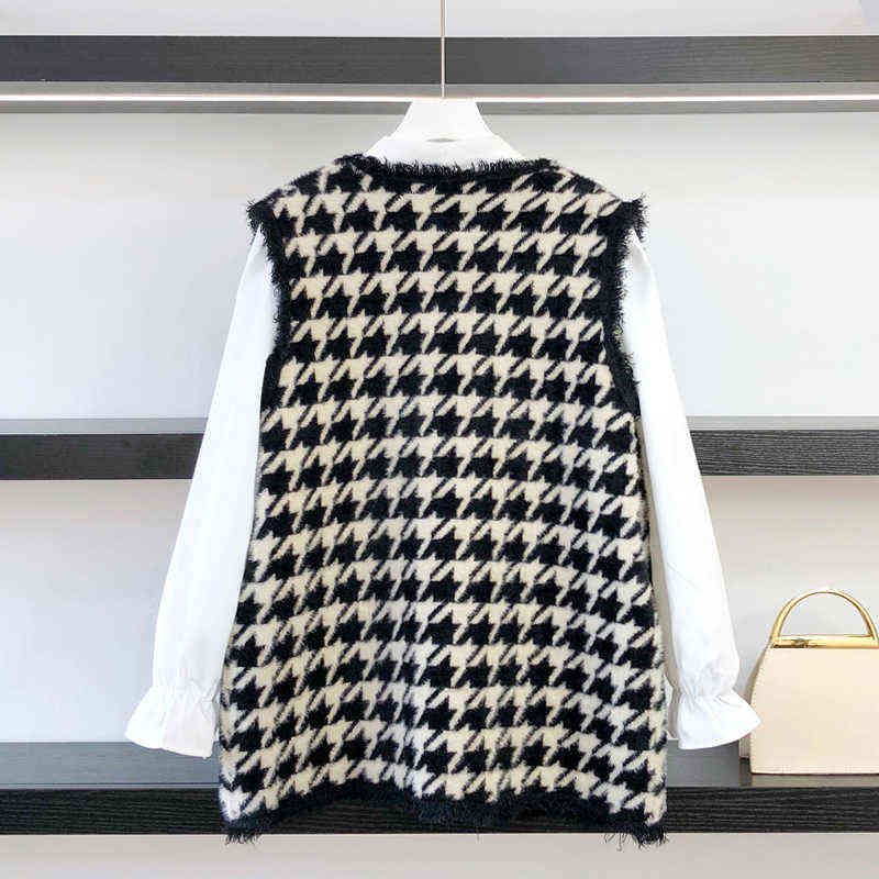 High Quality Houndstooth Faux Mink Fur Women Spring Autumn Single-Breasted Waistcoat Knitted Vest Sleeveless Jacket C-258 211120