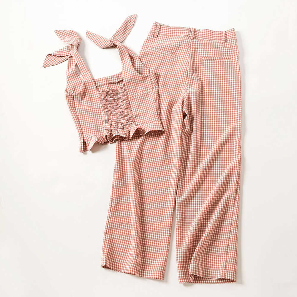 Spring Pink Plaid Cropped Tops And Wide Leg Pants Women Sale Fashion Ankle Length Pant Two Pieces Sets For Woman 2 Piece Set 210707