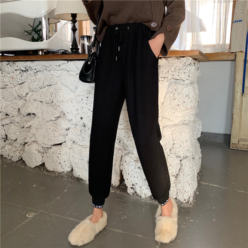 Nomikuma Knitted Letters Harem Sweatpants Causal Lace Up Stretch Waist Trousers Autumn Winter Thicken Women Sweater Pants 6C764 210427