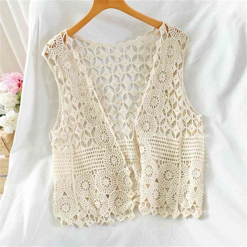 Spring Summer Sexy Hollow Out Lace Top Vest Crochet Sleeveless Waistcoat Women Open Stitch Short Outwear Chalecos Para Mujer 210819