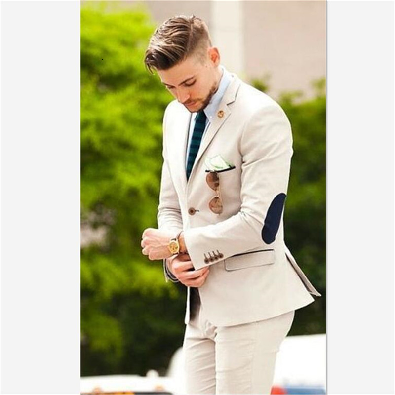 Men's Suits & Blazers suits (jacket + pants) latest beige designs groom tuxedo patches elbow 2 wedding pieces prom dinner Italian man blazer