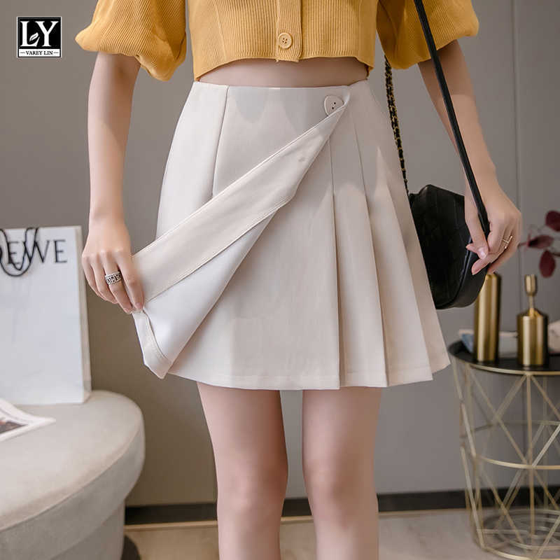LY VAREY LIN Summer Women Solid Color Ruffles Button Ins Pleated Short Skirts High Waist Asymmetrical Mini Skirt Female 210526