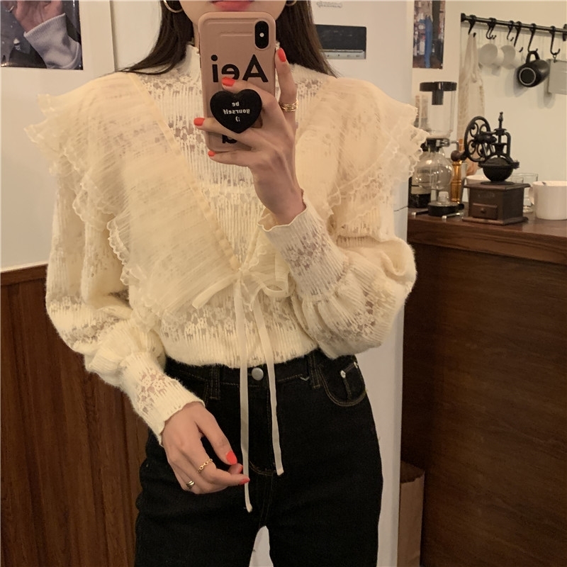 Comelsexy Apricot Ruffles Streetwear All Match Stylish Lace Patchwork Chic French Retro Gentle Blouses Tops Shirts 210515