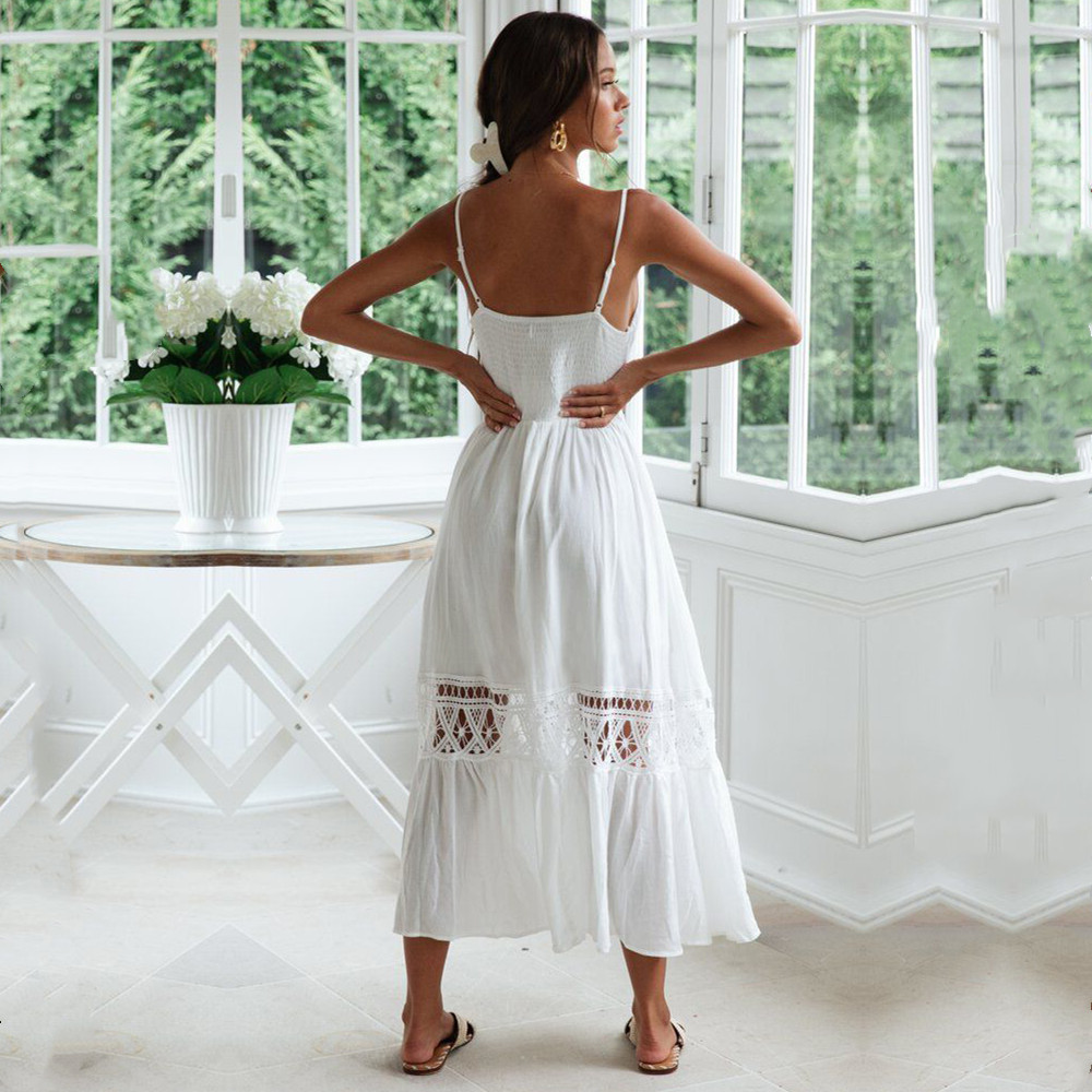 Cotton Patchwork Lace Beach Dress Long Cover up Vestido Bathing suit ups Sarong Robe de Plage Tunic #Q1037 210420