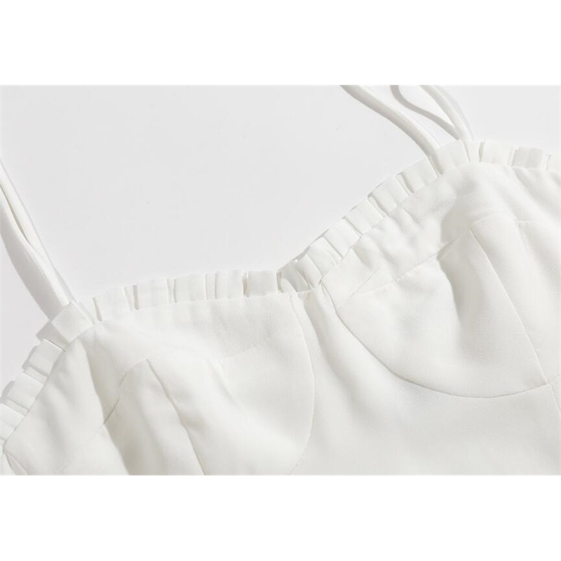 Vintage France Wood ears V neck Solid White Spaghetti Strap Midi Dress Sexy Women Spliced Lace Elastic Back Sling Tea Dresses 210429
