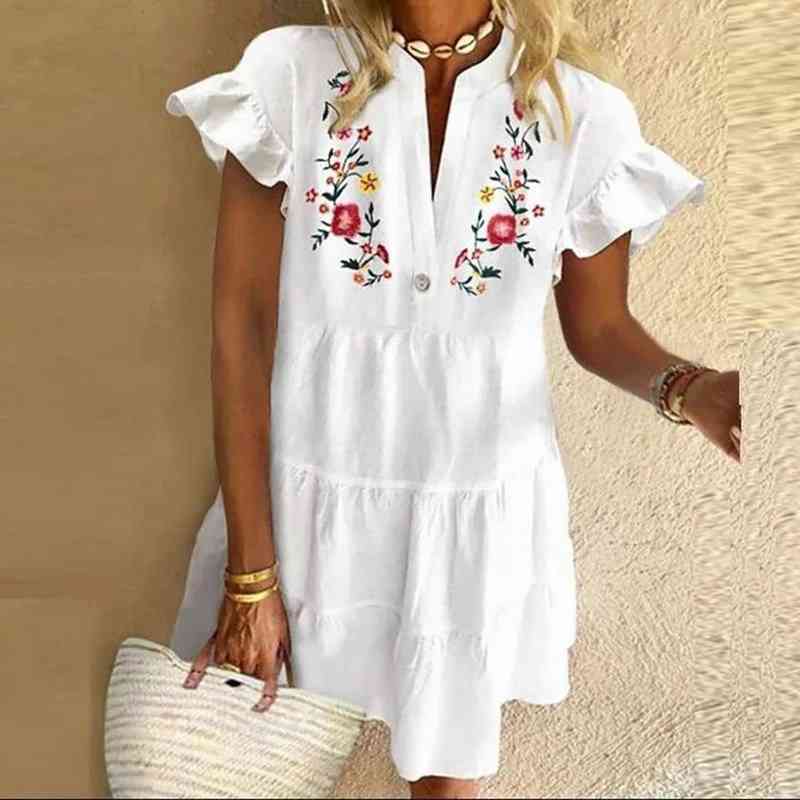 Fashion Tassel Sleeve Women Dress V Neck Lady Patchwork Dress Loose Casual Empire Knee Length Tassel Sleeve Dress 210331Z