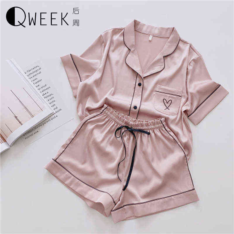 Silk Pajamas for Women Home Suit Heart Embroidered Pyjamas Pj Set Satin Nightwear Sleepwear Pijama Verano Mujer 220114