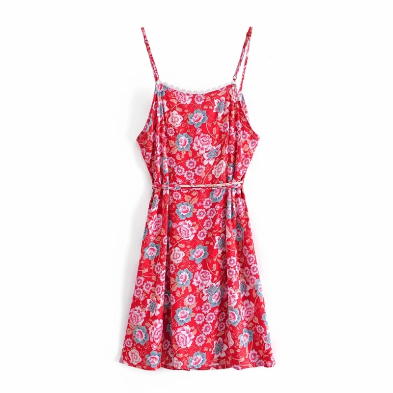 Women Floral Print Suspender Mini Dress Female Single Breasted Clothes Casual Lady Loose Vestido D7528 210430