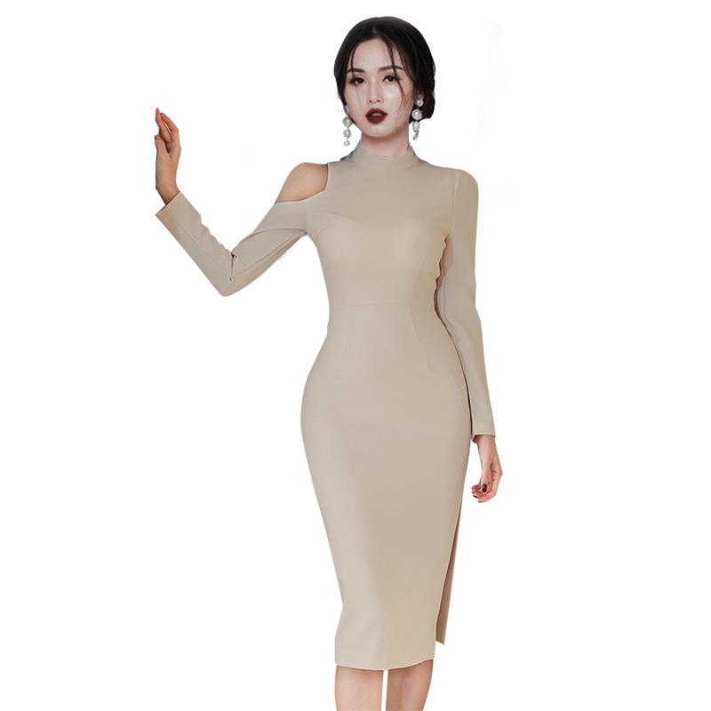 Lucyever Fashion Stand Collar Party Dress Womens Sexy Off Shoulder Slim Dresses Woman 2021 Elegant Slit Apricot Femme Casual