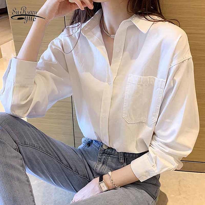 Korean Style Loose White Plus Size Women's Autumn Blouses Long Sleeve Women Bottoming Shirt Solid Lapel Pocket Tops 11891 210508