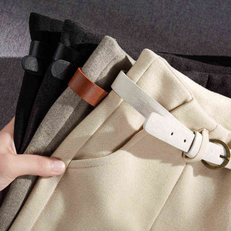 Spring and Winter Wool Pants Korean Style Women High Waist Belted Harem Slim Trousers Female Warm Long 699 211115