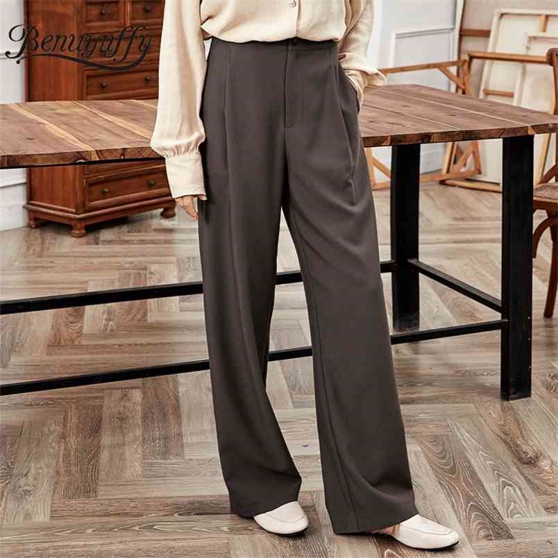 Zipper Fly Button Front Thick Suit Pants Women Autumn Winter High Waisted Solid Casual Office Lady Straight 210510